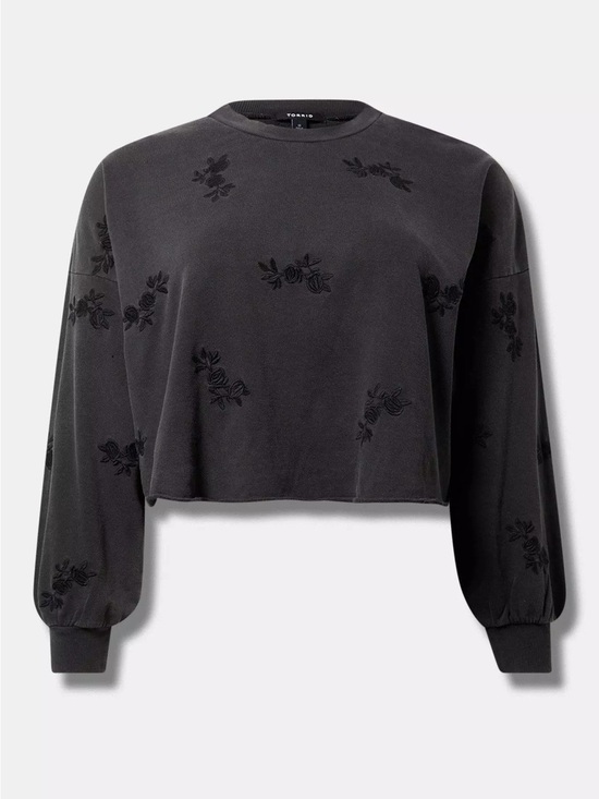 torrid Tops - torrid Black Cropped Crewneck Sweatshirt with Tonal Floral Embroidery